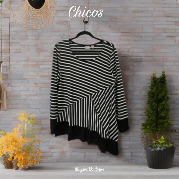 Chico's Tops - 🌿Chico's Black White Multidiagonal Striped A-Symmetrical Blouse Sweater